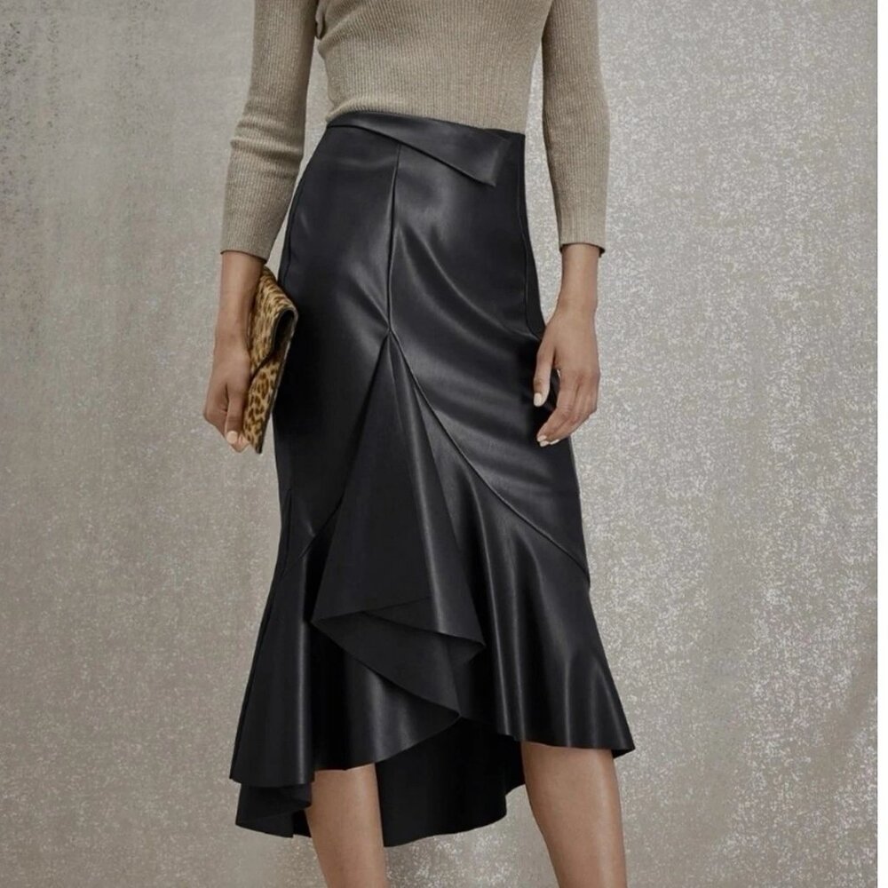 Metro Style Faux Leather Skirt Sz 16 Asymmetrical Ruffle Zipper Whimsy Goth